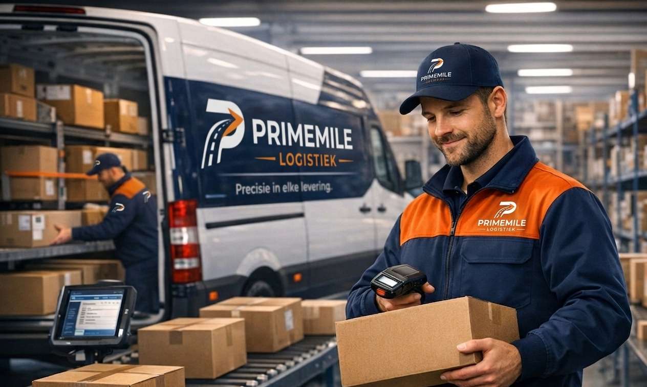 PrimeMile medewerker scant pakket in logistiek centrum